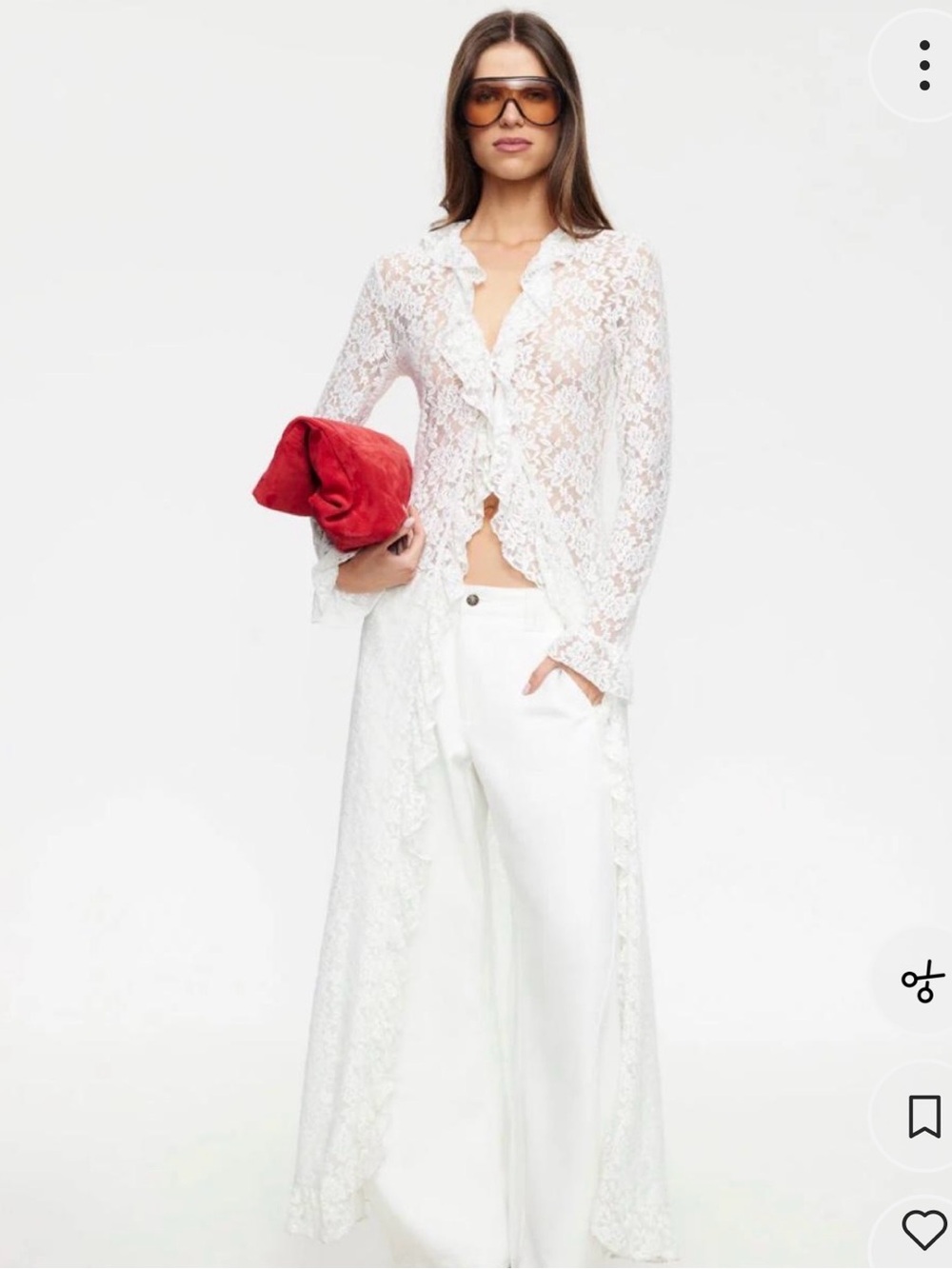 Lioness White Lace Longline Ruffle Button Blouse / Cardigan